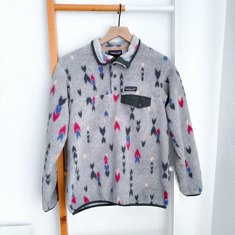 Patagonia Synchilla Snap T Fleece Pullover XS Wish Tails Big Craft Gray Pink